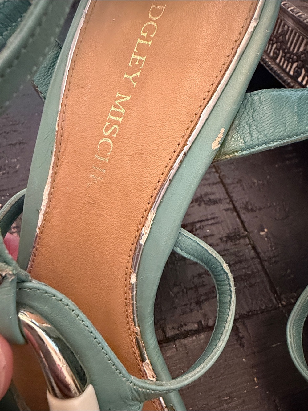 Badgley Mischka Sage Green Leather T-Strap Wedge Sandals with Cream Accent - Picture 10 of 10
